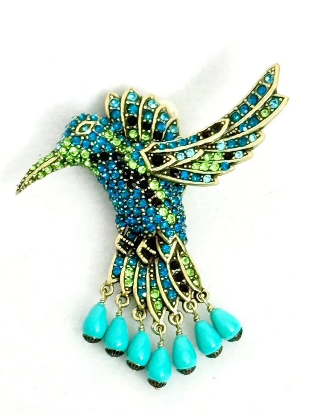 Heidi Daus Hummingbird Combo Brooch Rhinestone Embellished w/Dangling Beads